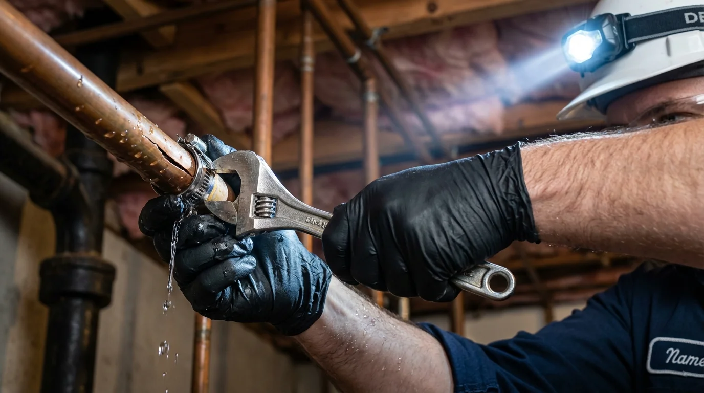 Emergency pipe clamp repair being performed by a Johns Plumbing LLC plumber in Brush