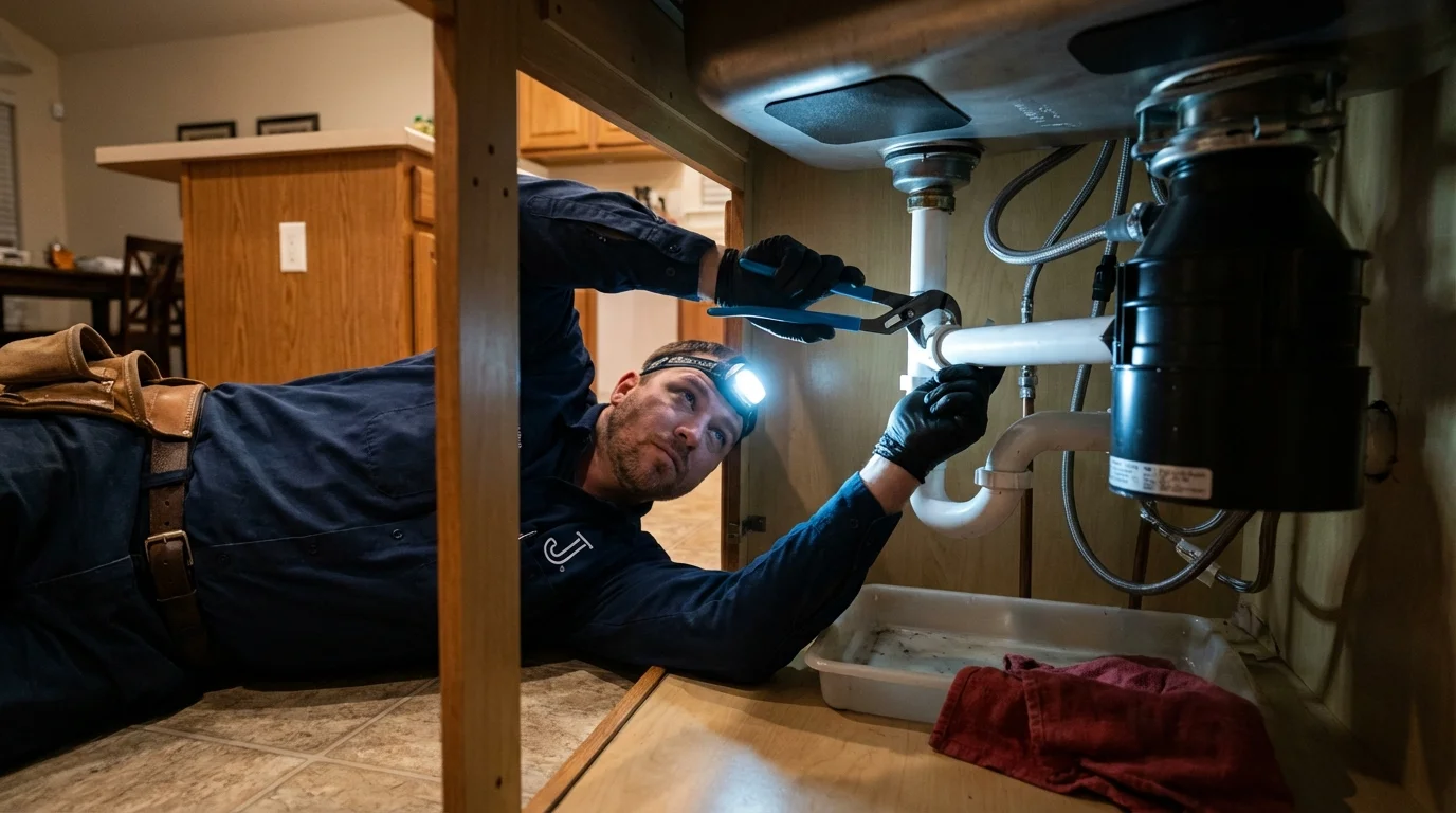 P-trap and supply line connections under a kitchen sink showing a common leak point in Brush, CO